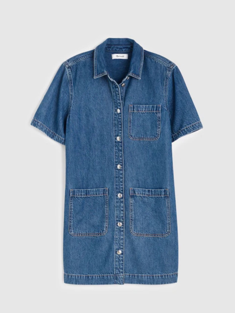 Denim Button-Front Short Sleeve Dress - Blue